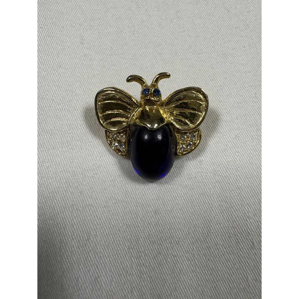 Vintage Unsigned Gold Tone Rhinestone Blue Jelly Belly Bumble Bee Brooch Pin